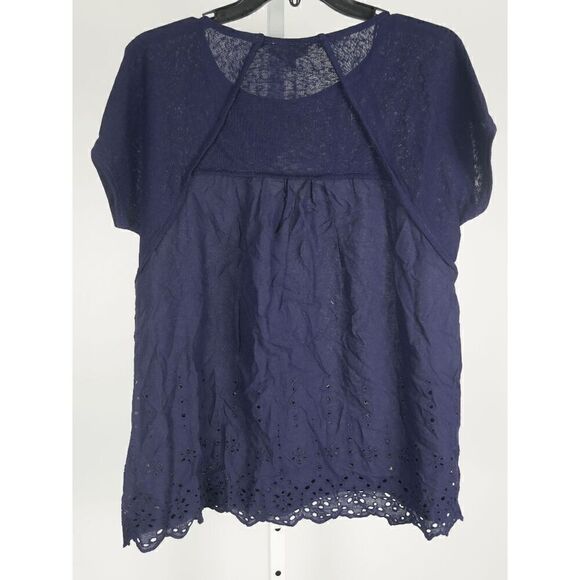 Umgee Linen Blend Back Lace Detail Round Neck Short Sleeve Top with Ruffle Hem S - Picture 3 of 8